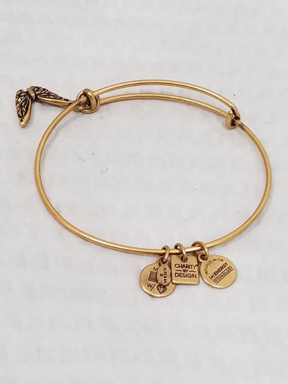 Vtg Signed Alex & Ani Bracelet Gold Tone Butterfly Charm  Expandable Wire Bangle